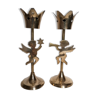 Pair of let'stag candle holders brass angels