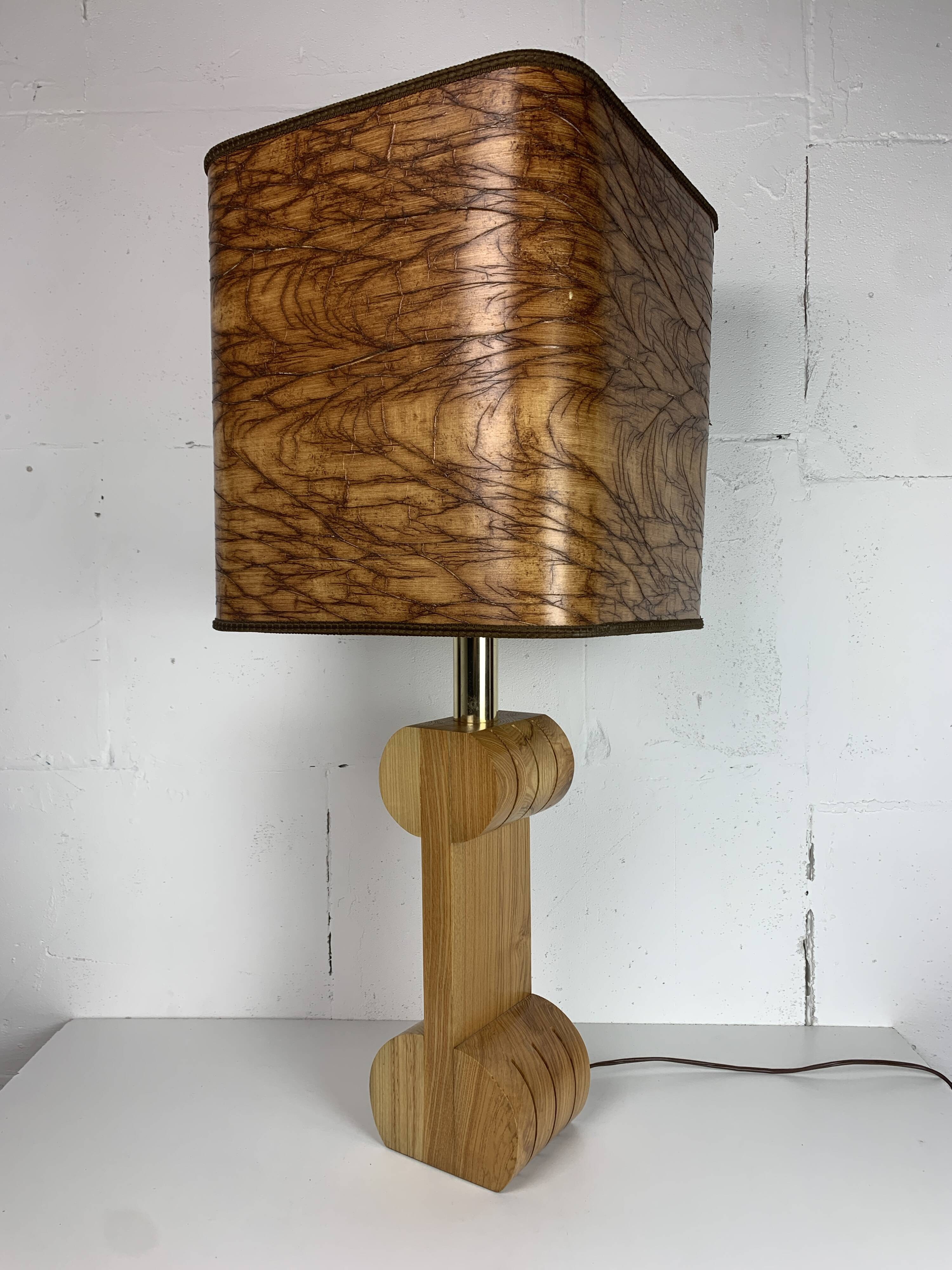 Midcentury Italian sculptural large table lamp with wood veneer shade