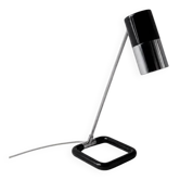 Vintage 1970s Space Age desk lamp — black and chrome cylindrical shade, sculptural square base.