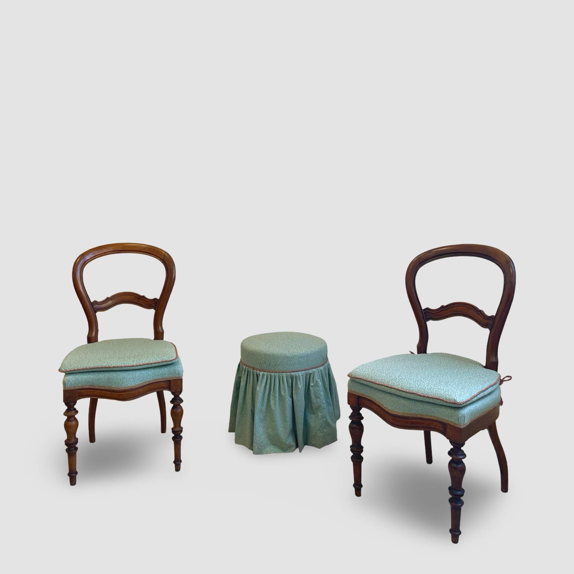 Antique Victorian era ballon back chairs and stool