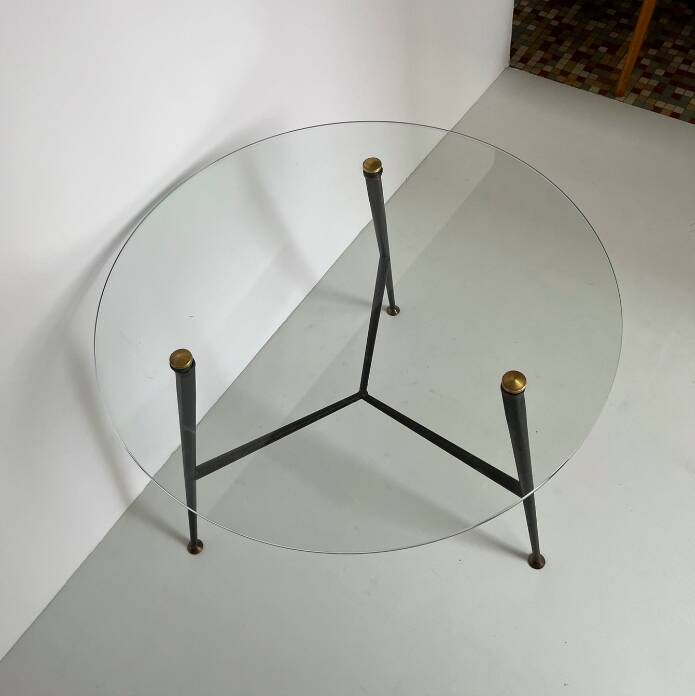 1950s Round Glass and Metal Coffee Table