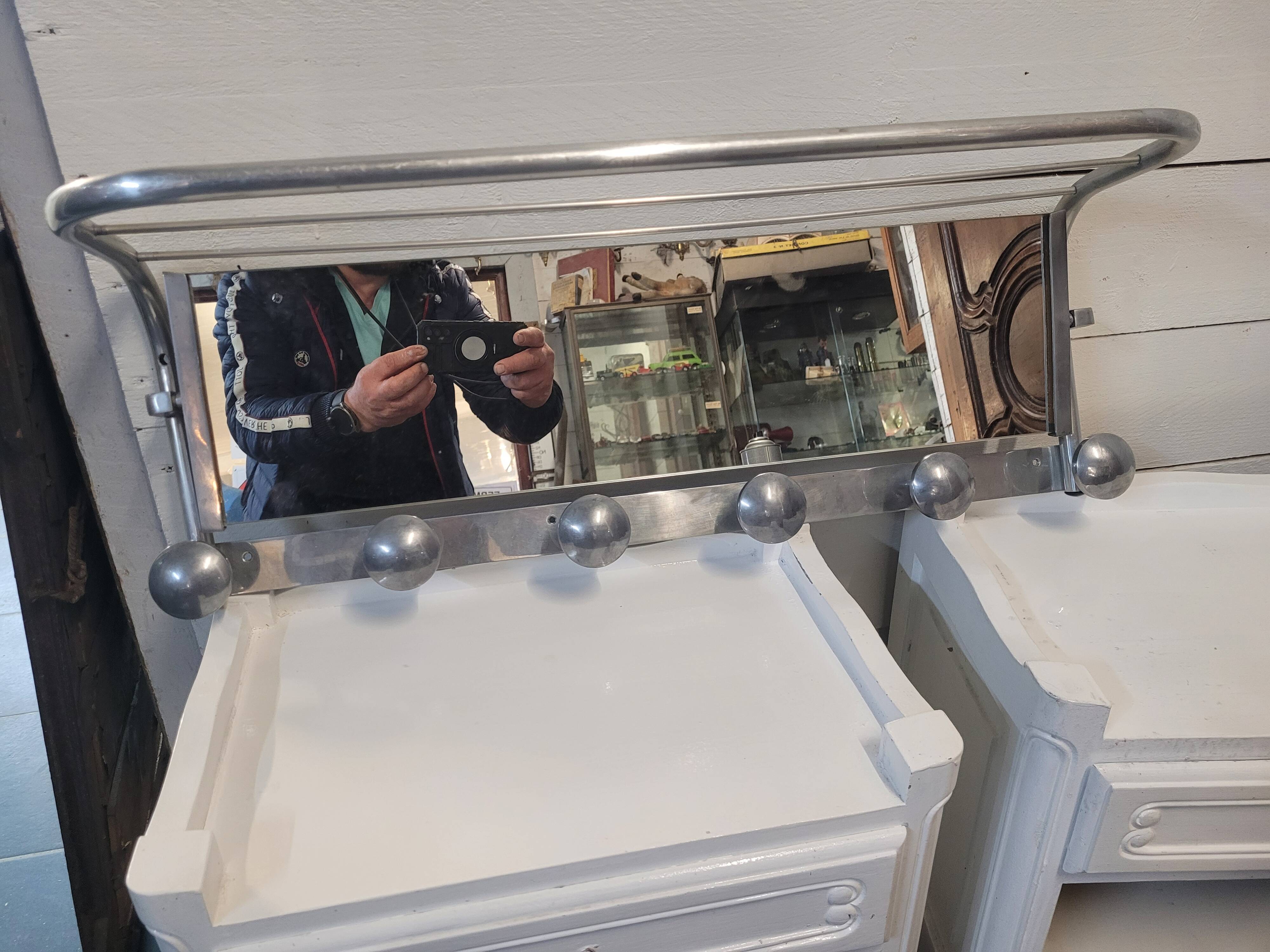 Aluminum wall coat rack with pivoting mirror from the 60s