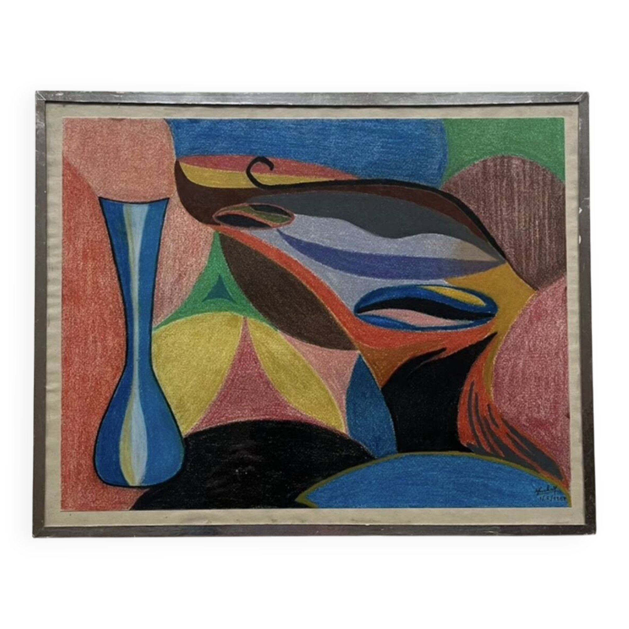 Vintage pastel cubist still life painting under glass and signed from 1967.