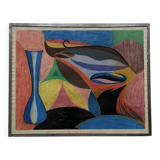 Vintage pastel cubist still life painting under glass and signed from 1967.