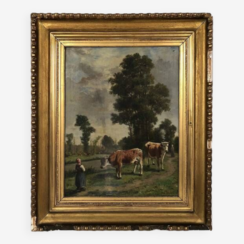 René Joseph Ménard (France, 1827-1887), huile sur toile “fermière et vaches”