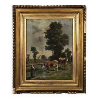 René Joseph Ménard (France, 1827-1887), huile sur toile “fermière et vaches”