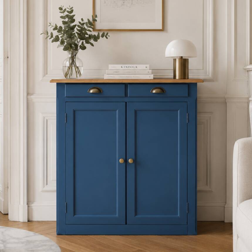 Vintage deep blue Parisian sideboard & natural wood top