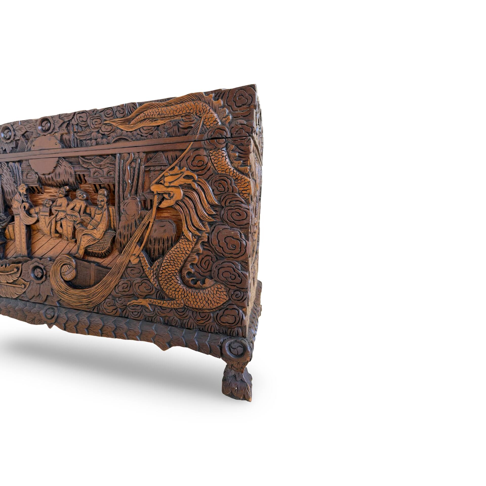 Antique Chinese Carved Export Chest – Dragon, Phoenix & Landscape Deco