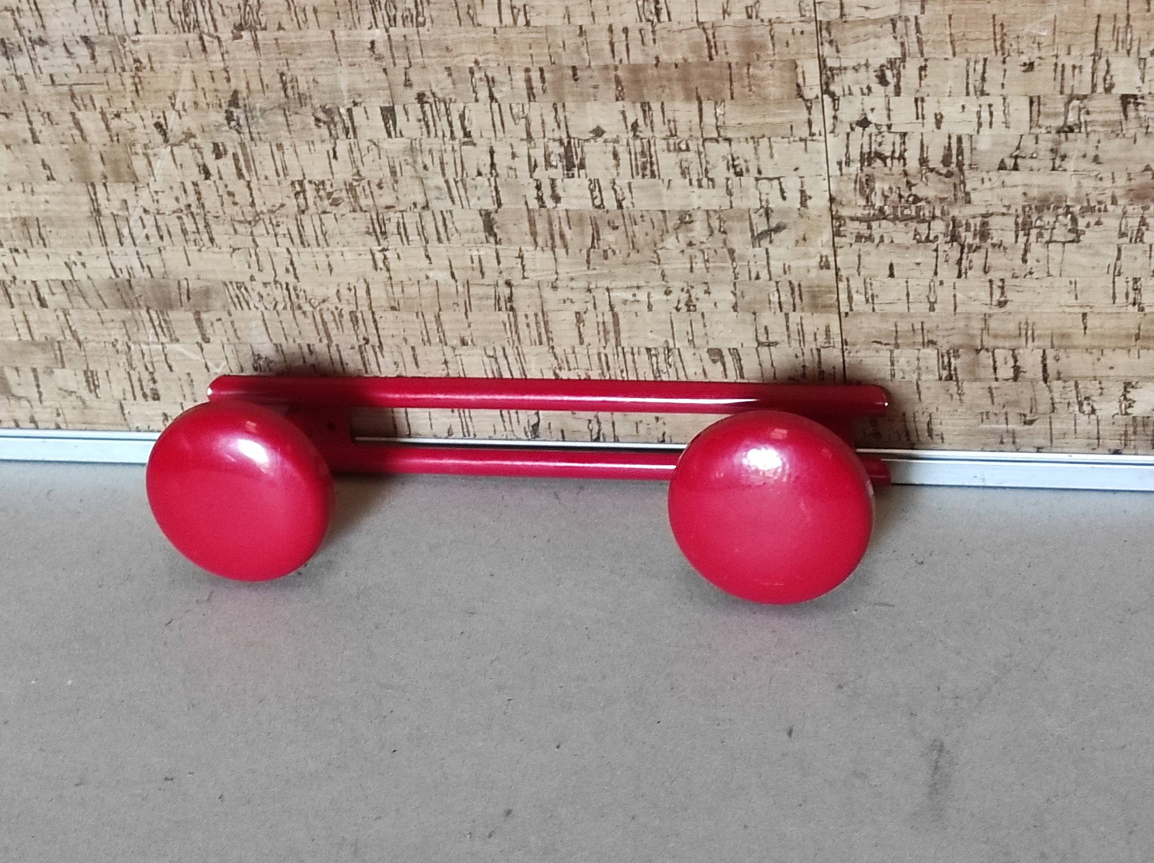 Old vintage wall coat rack 2 round metal hooks lacquered red new