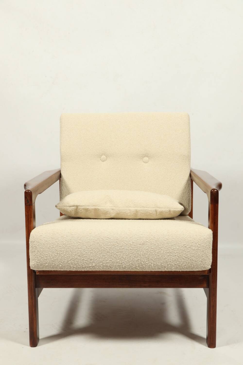 Vintage dark wood beige bouclé armchair by Z.Baczyk 1965