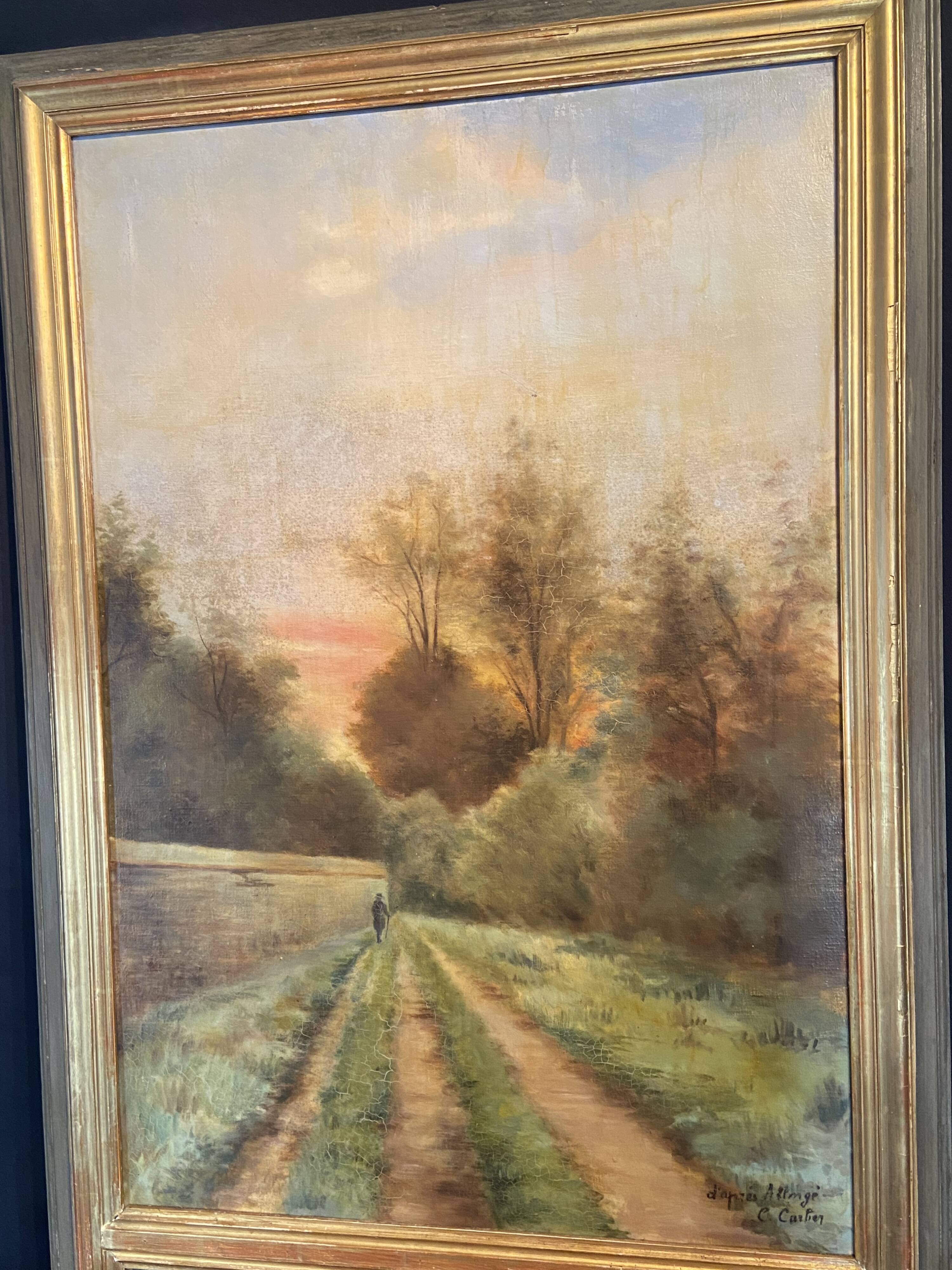 Late 19th century trumeau fireplace mirror painting signed Carlier country path