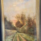 Late 19th century trumeau fireplace mirror painting signed Carlier country path
