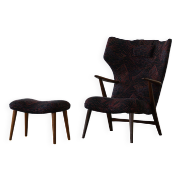 Madsen & Schubell, accent chair and stool in teak, reupholstered, 1950s