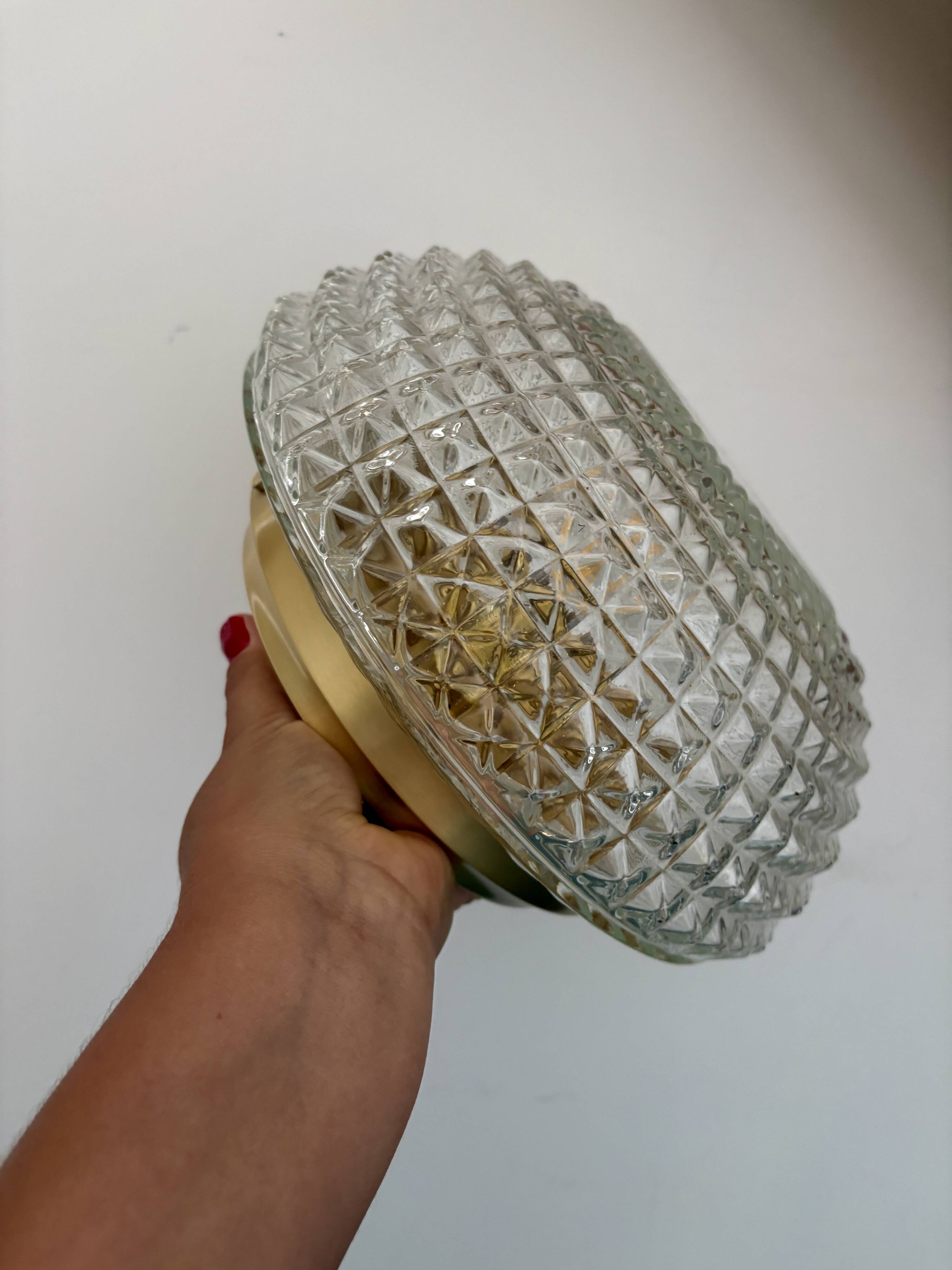 Vintage globe wall or ceiling light in molded diamond-point glass