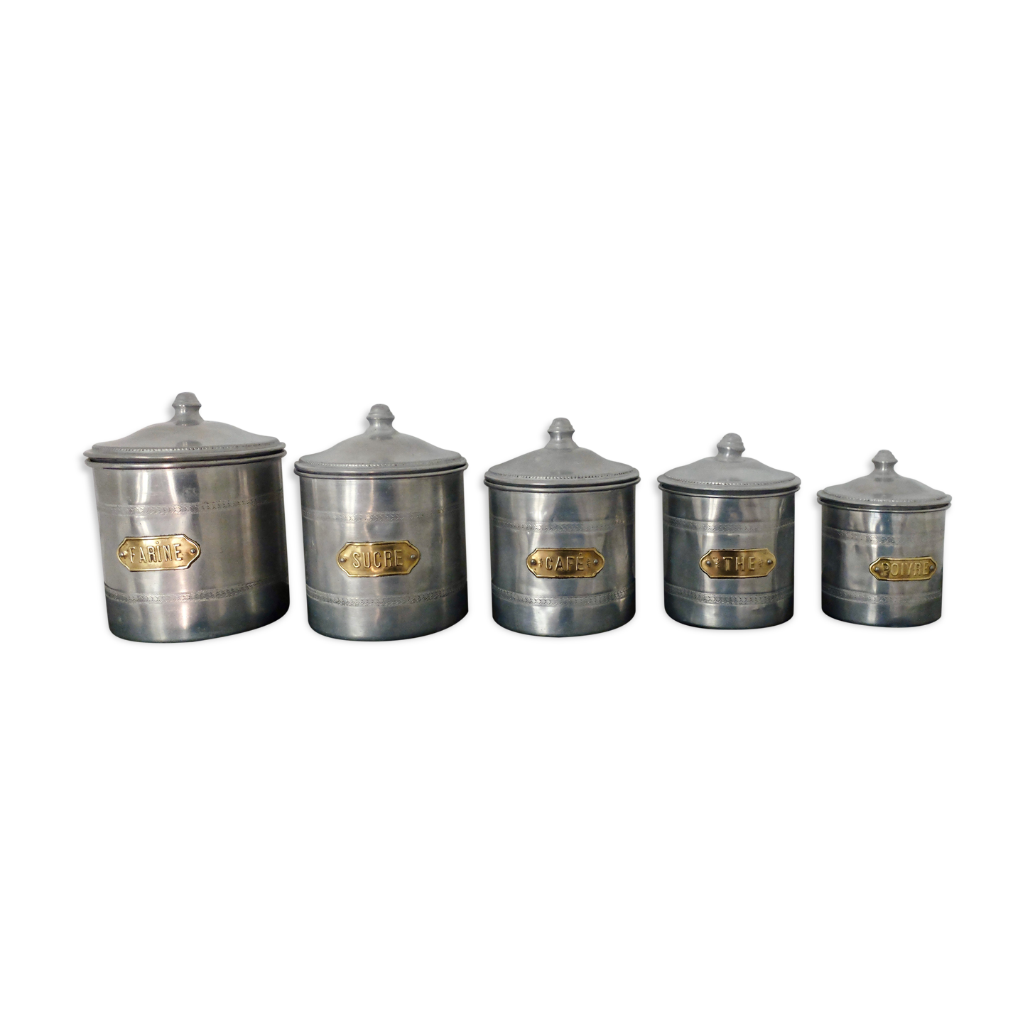 Series of 5 tin spice pots