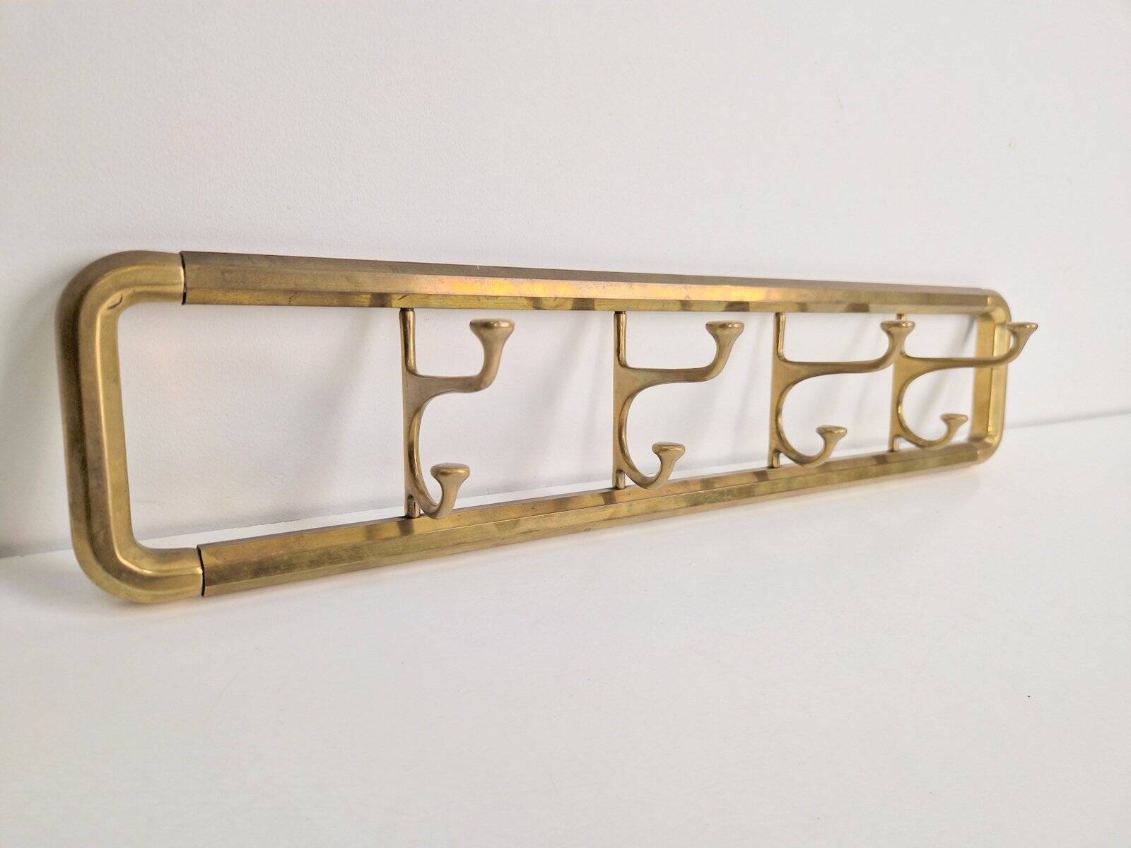 Vintage Art Deco Brass Wall Coat Rack with Folding Hooks, 1930