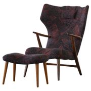 Madsen & Schubell, chaise longue and stool with backrest in teak, reupholstered, 1950s.