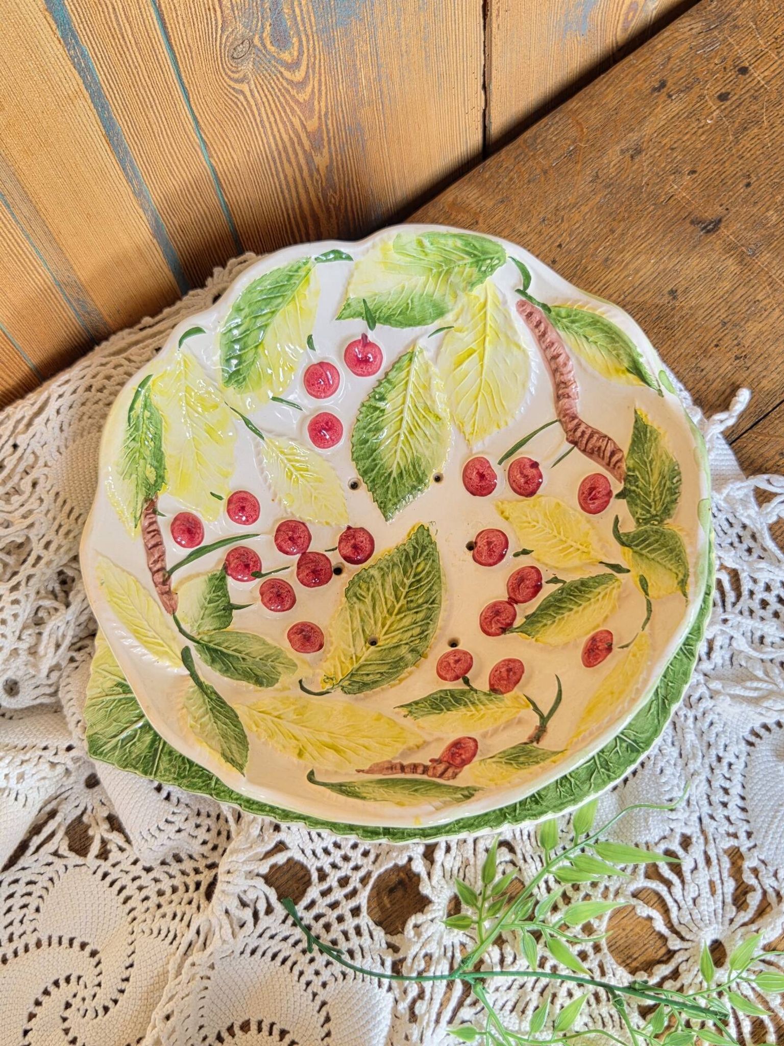 Vintage fruit colander bowl in barbotine signed GV