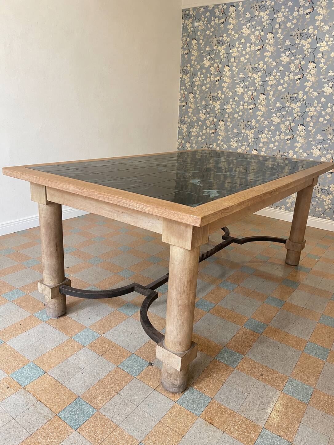 dining table in solid cherry wood and ceramic signed Philippe Rouart