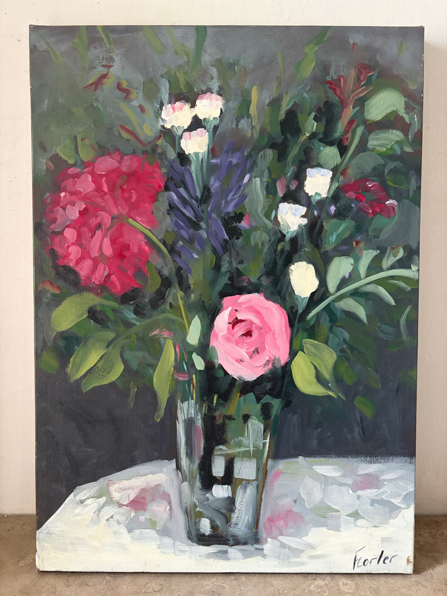 Bouquet on a table, oil on canvas signed F Corler