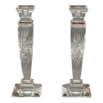 Pair of hand-cut solid crystal candle holders.