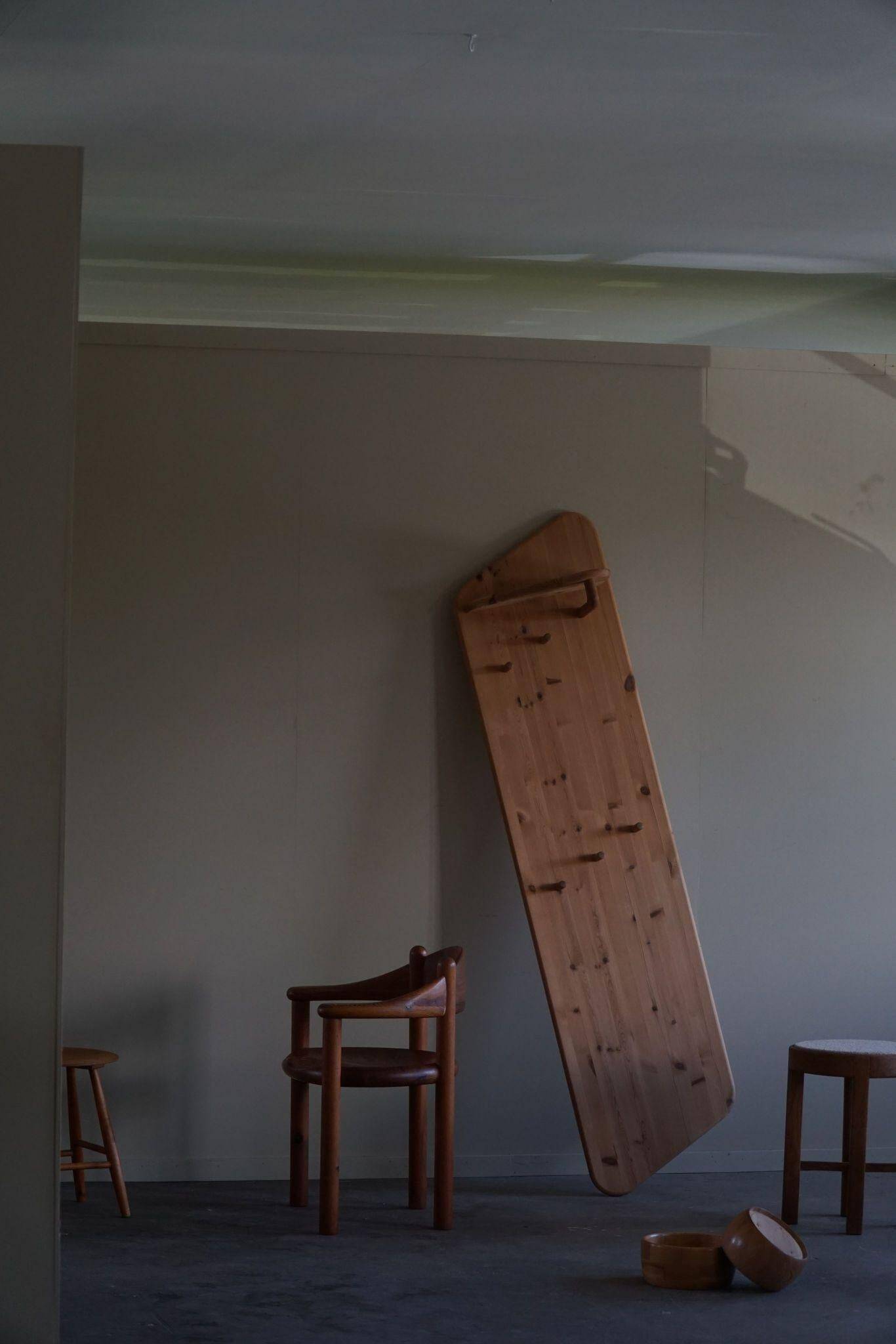 Sculptural wall-mounted coat rack in solid pine, Danish modern, 1980s.