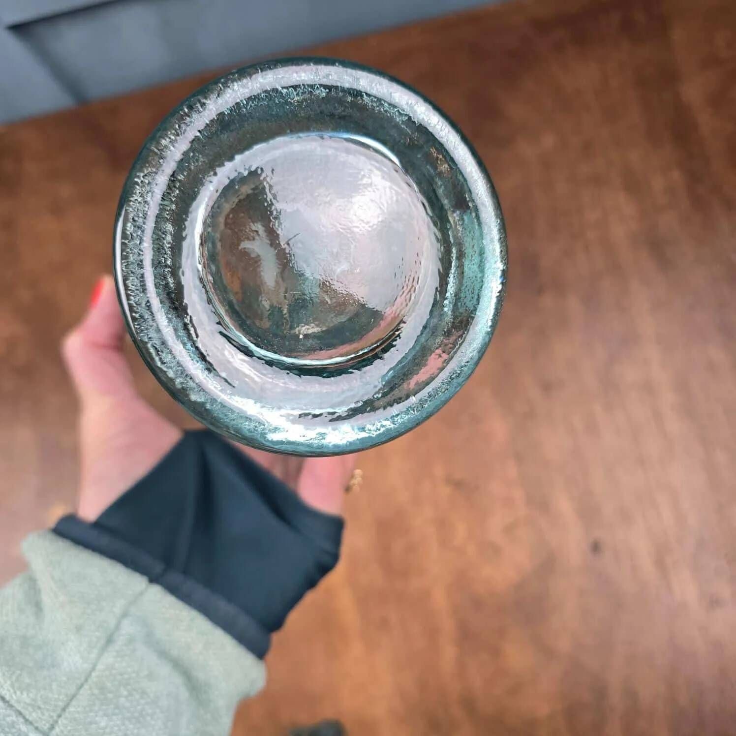 Vintage glass grape bottle – Greenish-blue carafe or soliflore