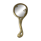Ancien miroir art nouveau face a main bronze doré décor fleurs vintage