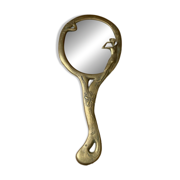 Ancien miroir art nouveau face a main bronze doré décor fleurs vintage