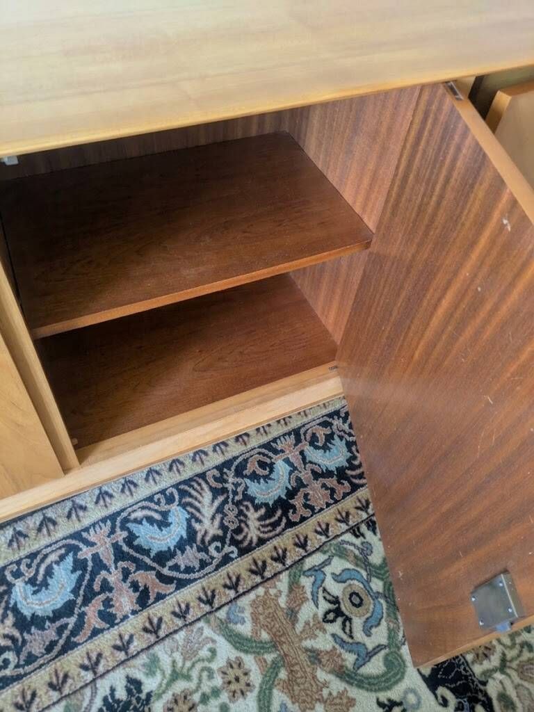 Modernist enfilade with a checkerboard pattern in light wood and mahogany marquetry,
