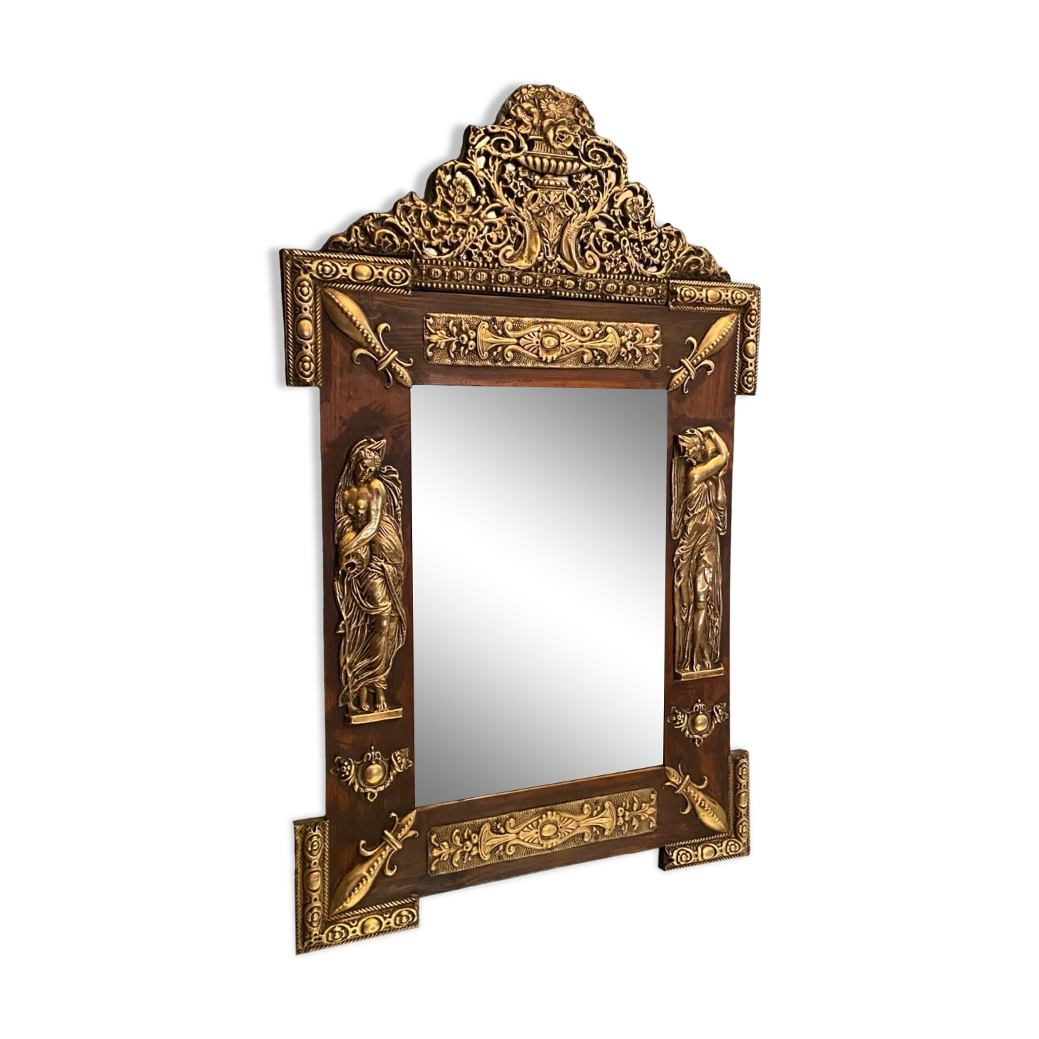 Mirror pediment nineteenth Neo classical decoration antique character brass on wood