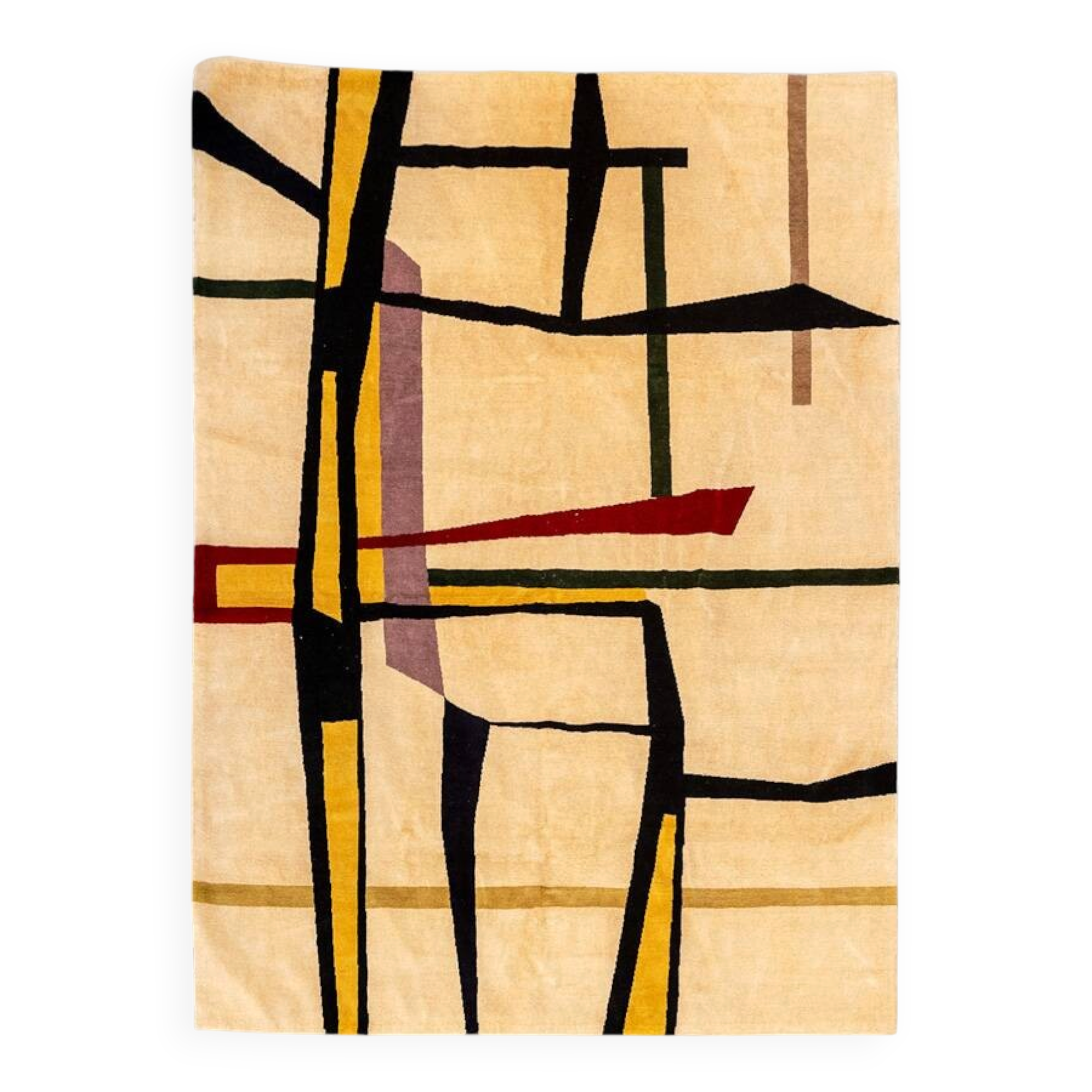 Handwoven wool tapestry with colourful geometric design. 2026.