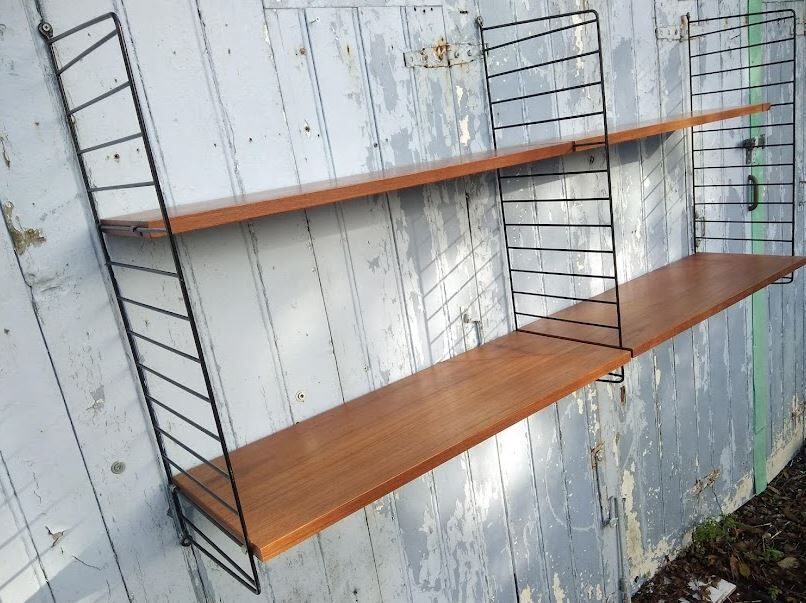 Vintage modular shelf in teak veneer and black metal, Nisse Strinning, 60s