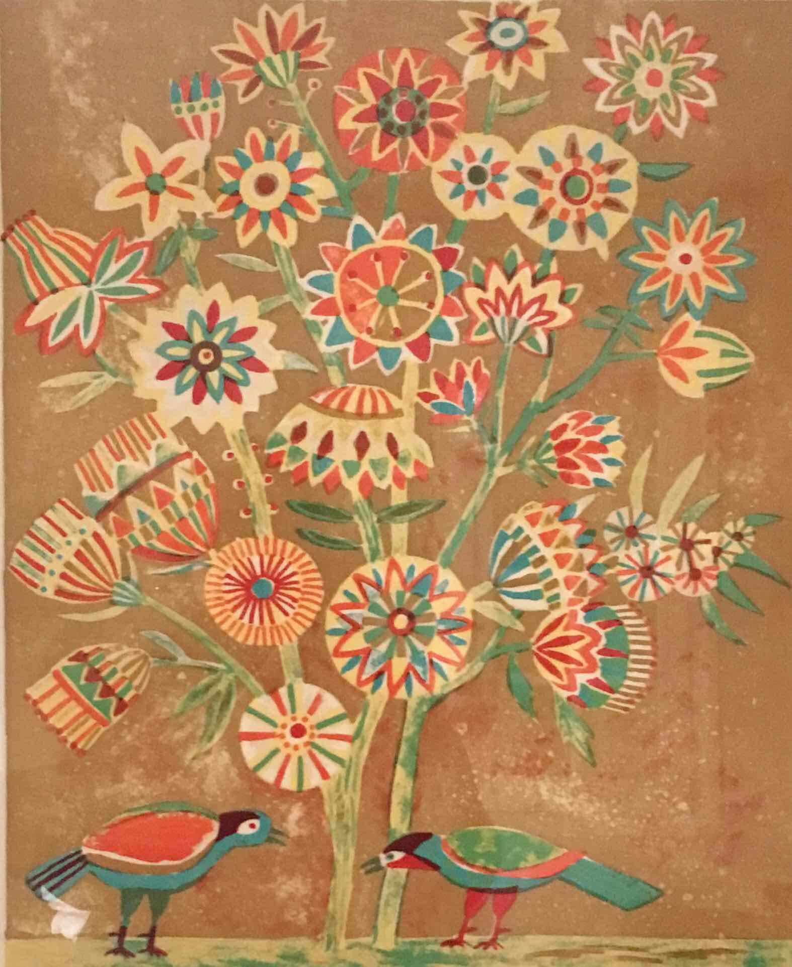 Lithograph signed Jacques Margerin The tree with flowers and birds 1960-70