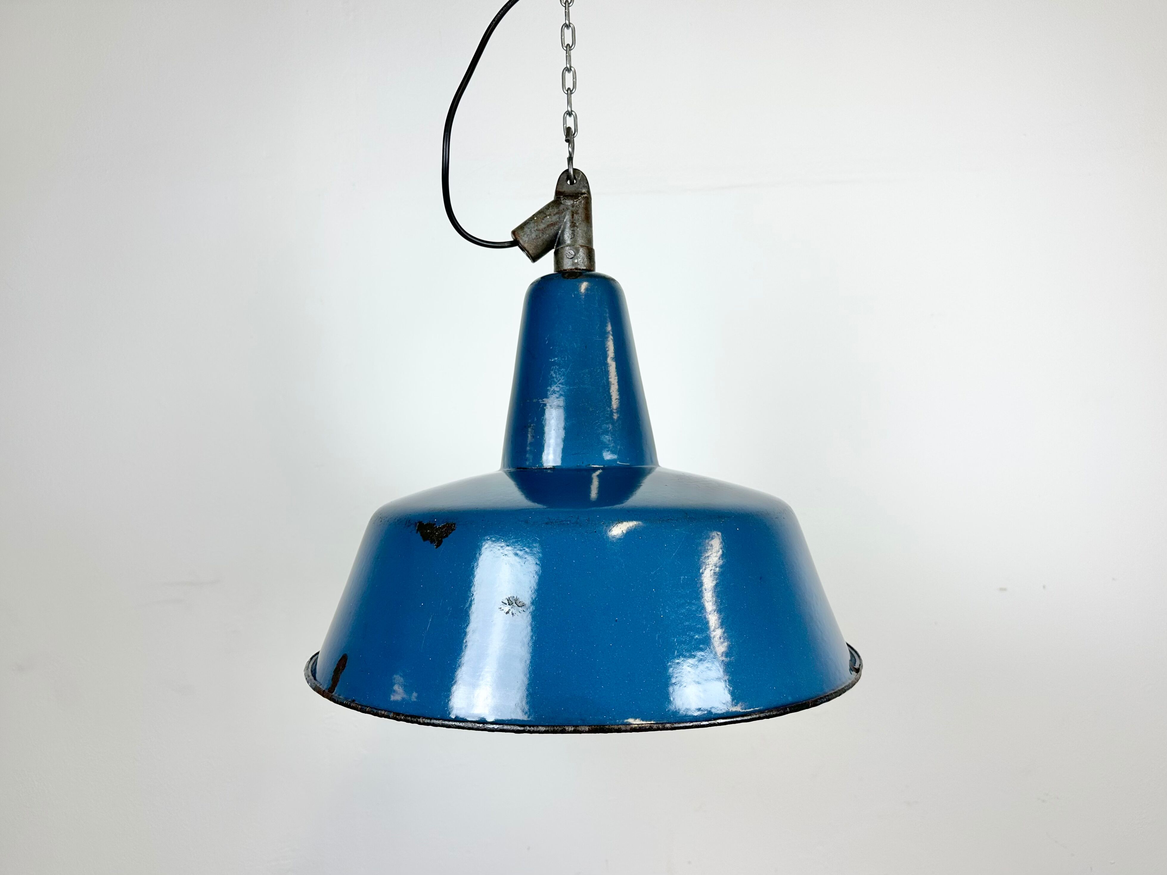 Industrial blue enamel factory lamp with cast iron top, 1960s