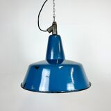 Industrial blue enamel factory lamp with cast iron top, 1960s