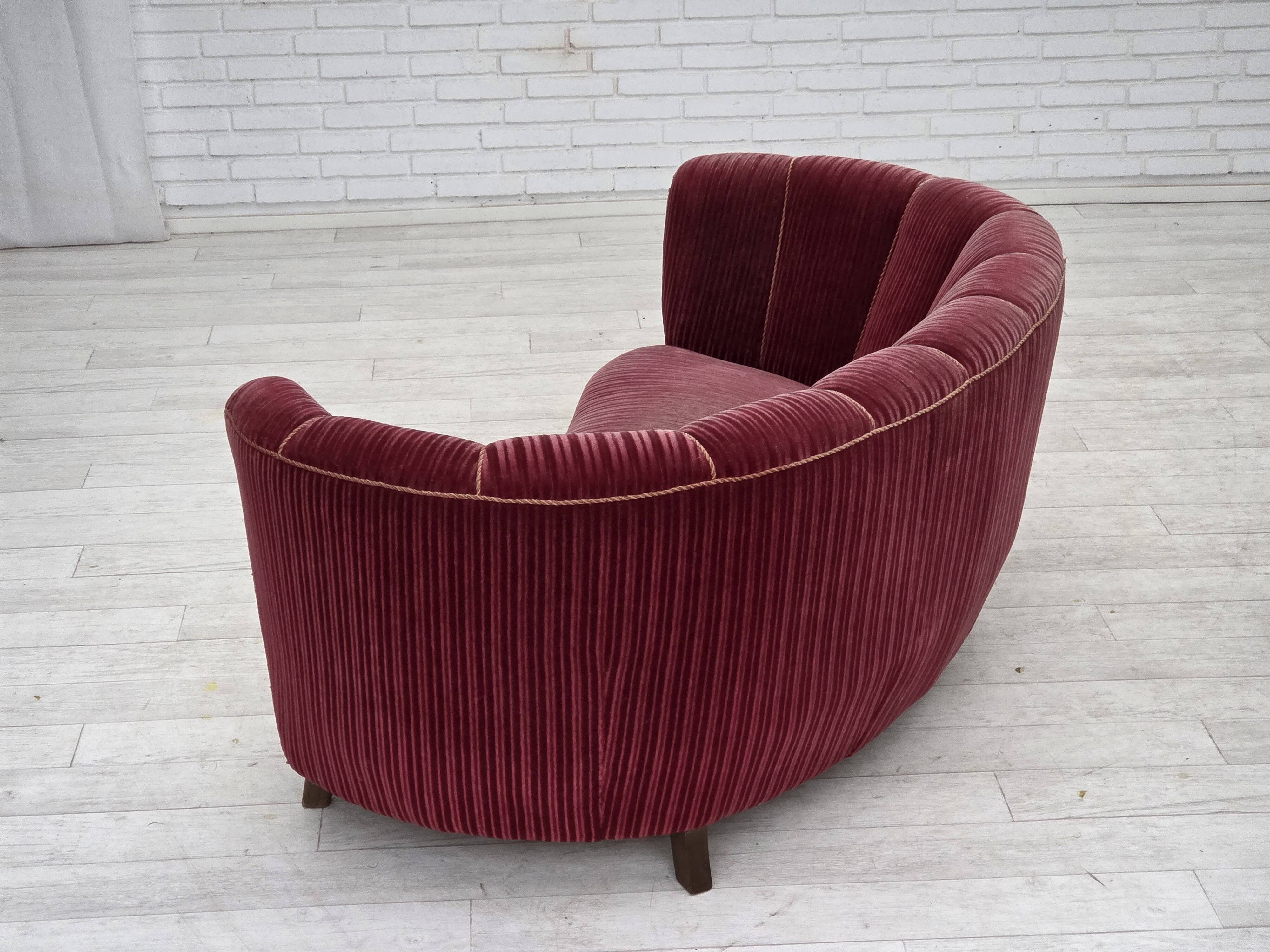 1960s, Danish 2-seater "Banana" sofa, red furniture velour, oak wood.