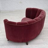 1960s, Danish 2-seater "Banana" sofa, red furniture velour, oak wood.