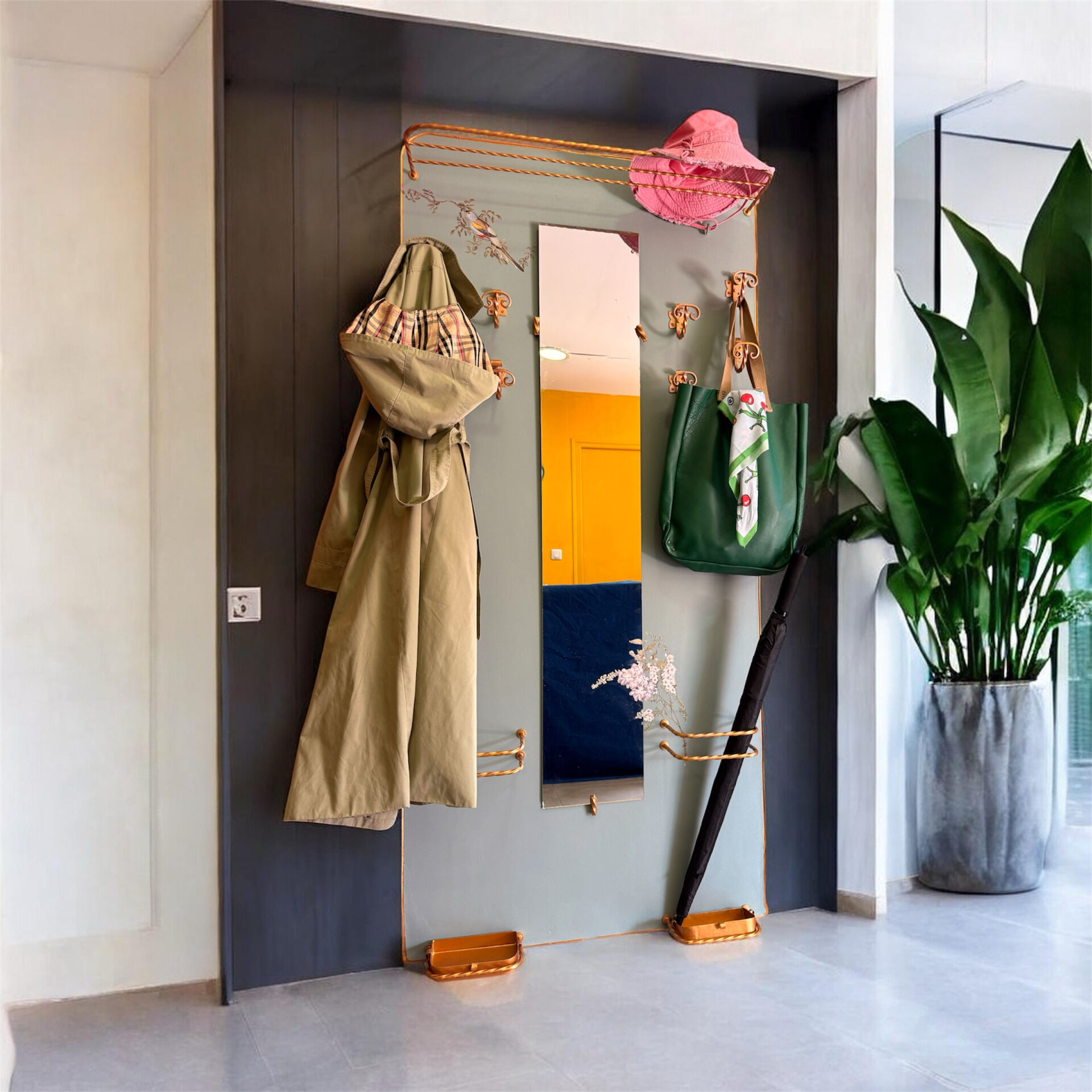 Large vintage entrance wardrobe, wall-mounted coat rack with mirror and p