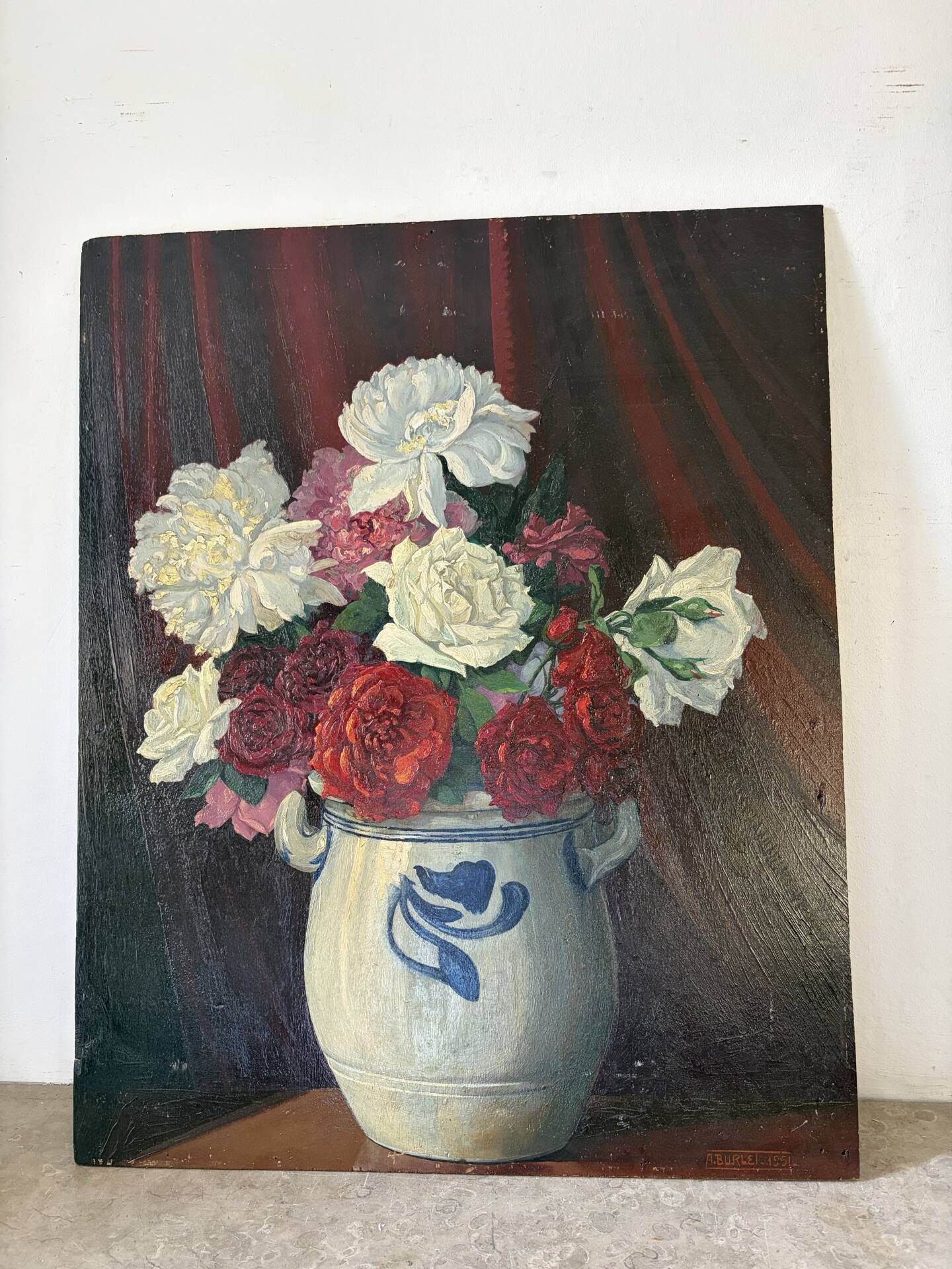 Bouquet of roses, burgundy background, oil on panel 1951