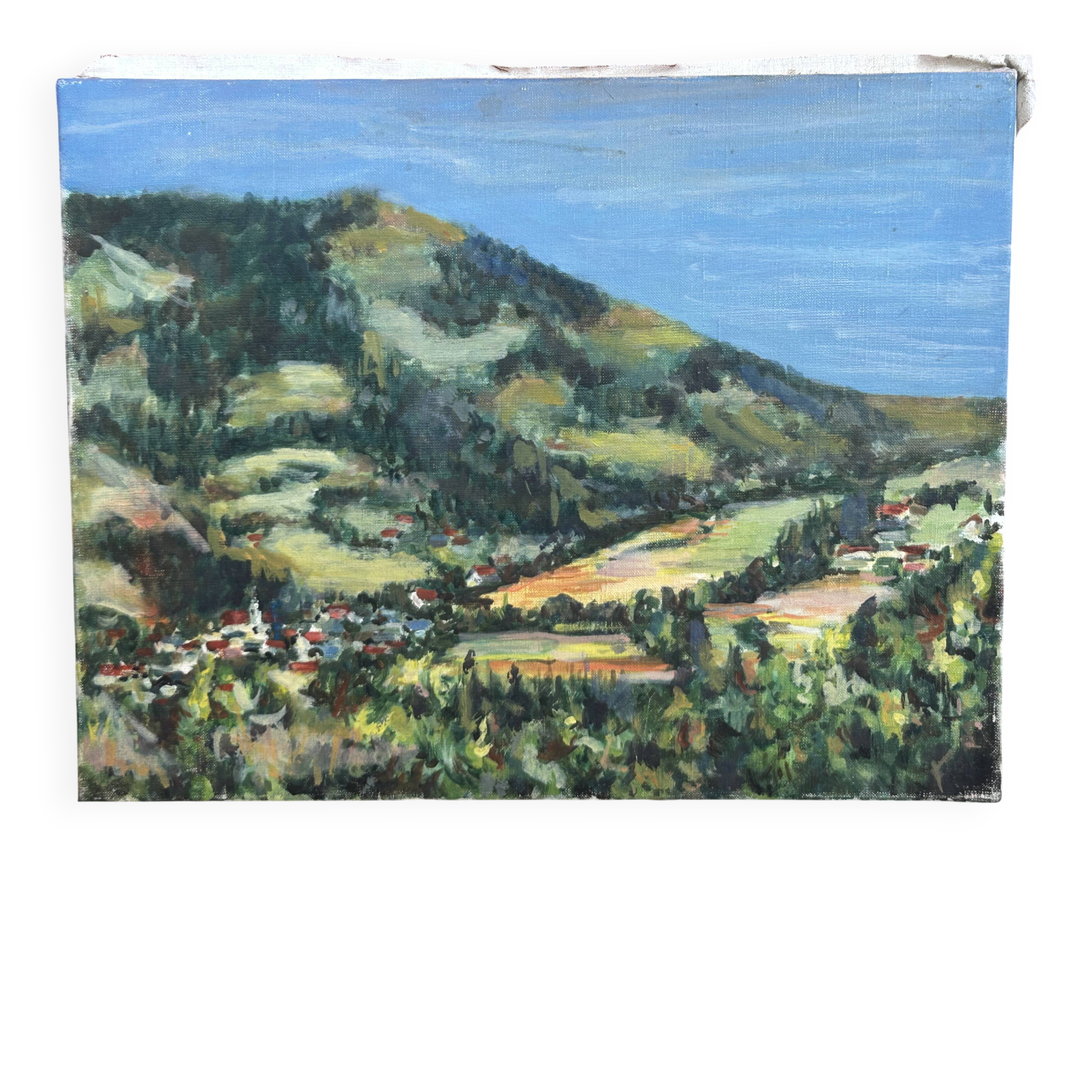 View of a mountain village, oil on canvas