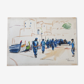 Aquarelle sur papier "Pécheurs à Collioure" signée, André Duculty (1912-1990)