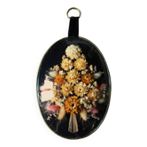 Cadre ovale médaillon verre bombé fleurs séchées vintage