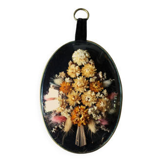 Cadre ovale médaillon verre bombé fleurs séchées vintage