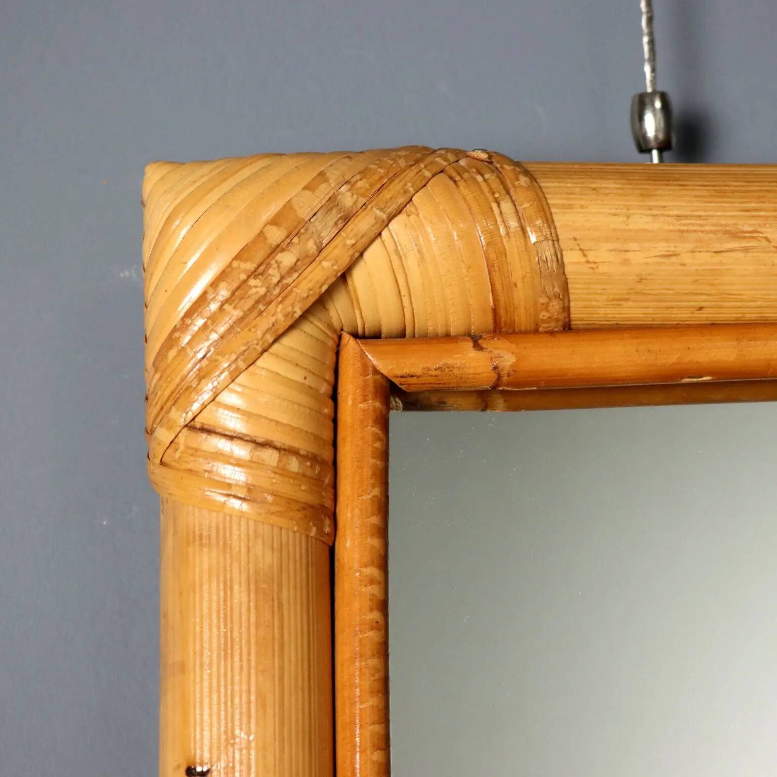 Vintage mirror design with bamboo and wicker frame, Italy, 1980s.