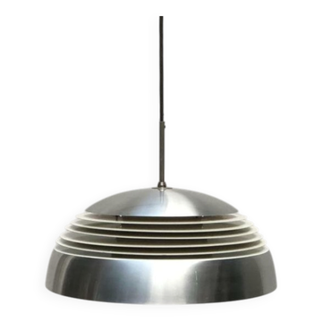German pendant lamp in aluminium and glass from the Mid-Century space by Doria, 1960s.