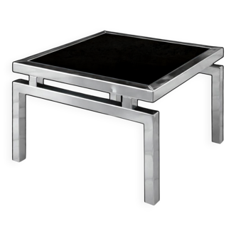Space Age coffee table in chrome metal and smoked glass.