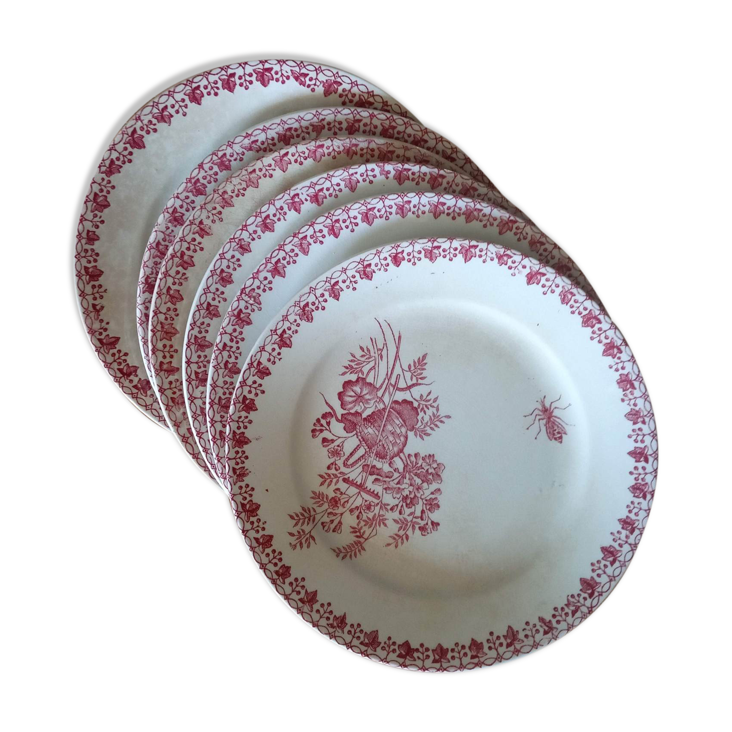 6 old dessert plates, iron earth, pink décor