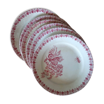 6 old dessert plates, iron earth, pink décor
