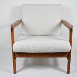 Fauteuil bouclé original Baczyk, restauré, blanc, teck